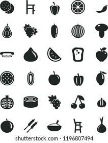 solid black flat icon set a chair for feeding vector, child, canned goods, mini hot dog, mushroom, bowl of rice porridge, barbecue, orange slice, biscuit, sandwich, cherry, half pomegranate, grape