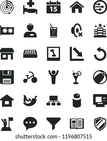 solid black flat icon set counterclockwise vector, silent mode, negative chart, powder, baby bath ball, tricycle, house, dwelling, workman, brick, calendar, speech, book, chili, a glass of soda, atm