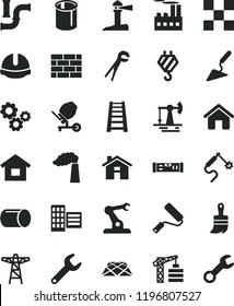 solid black flat icon set house vector, tower crane, dwelling, brickwork, hook, building trowel, concrete mixer, adjustable wrench, new roller, wooden paint brush, stepladder, level, city block