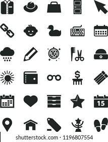 solid black flat icon set heart symbol vector, calendar, purse, keyboard, spectacles, hat, remove label, storage unit, rubber duck, accessories for a hairstyle, cloud, children's hairdo, warm, home
