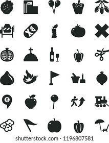 solid black flat icon set wind direction indicator vector, cross, pennant, tumbler, toy sand set, baby train, colored air balloons, concrete mixer, tomato, peper, Chupa Chups, popcorn, strawberries