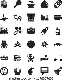 solid black flat icon set image of thought vector, wicker pot, baby rattle, tumbler, toy mobile phone, sand set, deep plate with a spoon, children's potty, small teddy bear, train, yule, pizza, fish
