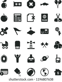 solid black flat icon set mark of injury vector, wind direction indicator, dummy, baby powder, carriage, bath ball, toy phone, yule, colored air balloons, passport, put in a box, delete page, tasty