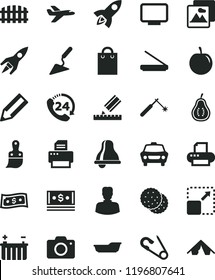 solid black flat icon set bell vector, camera, open pin, bath, building trowel, plastic brush, drawing, fence, picture, car, 24, expand, biscuit, tasty plum, part of guava, battery, welding, woman