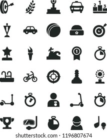 solid black flat icon set stopwatch vector, bath ball, motor vehicle, Kick scooter, child, warm hat, timer, car, pedestal, racer, flame torch, laurel branch, winner podium, prize, cup, pawn, pennant