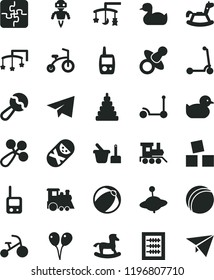 solid black flat icon set paper airplane vector, toys over the cradle, cot, dummy, new abacus, beanbag, baby rattle, rubber duck, duckling, bath ball, stacking toy, tumbler, phone, mobile, sand set