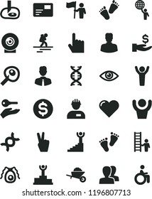 solid black flat icon set women vector, footprints, children's tracks, workman, garden trolley, employee, heart, index finger, eye, pass card, lens, woman, dollar, get a wage, dna, bactery, stairway
