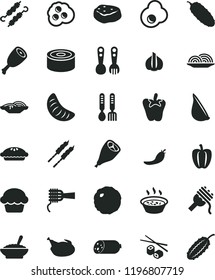 solid black flat icon set plastic fork spoons vector, iron, sausage, canned goods, onion, slices of, spaghetti, noodles, cake, pie, a bowl buckwheat porridge, in saucepan, chicken, thigh, grill leg