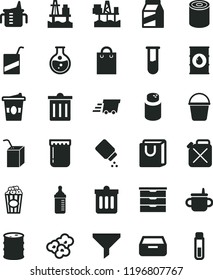 solid black flat icon set bin vector, storage unit, mug for feeding, measuring cup, bottle, powder, baby, e, packing of juice with a straw, bucket, dust, drawer, bag handles, package, tin, popcorn