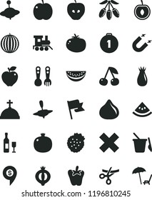 solid black flat icon set cross vector, children's sand set, plastic fork spoons, baby toy train, yule, small, flag, tomato, peper, strawberries, cherry, apple, pomegranate, red, tasty, rose hip