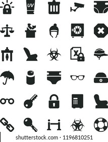 solid black flat icon set mark of injury vector, spectacles, scales, diaper, nappy, powder, Baby chair, car child seat, winter hat, warm, helmet, dust bin, lock, key, umbrella, strongbox, encrypting