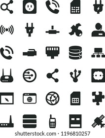 solid black flat icon set Puzzle vector, power socket type b, f, big data, phone call, plug, electric, SIM card, connection, connections, scheme, dispatcher, mobile, usb, router, network, browser