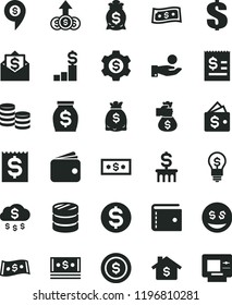 solid black flat icon set purse vector, dollar, coins, column of, article on the, financial item, catch a coin, wallet, money, dollars, cash, bag hand, rain, mortgage, pedestal, gear, idea, eyes