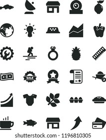 solid black flat icon set line chart vector, t short, garden trolley, gear, coffee, bundle of eggs, pie, peper, small fish, quince, ripe pineapple, satellite antenna, kiosk, stall, research article
