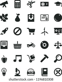 solid black flat icon set camera vector, prohibition, grocery basket, archive, download data, scales, hammer, shipment, burger, pear, orange, ripe pepper, windmill, shopping cart, space rocket, note