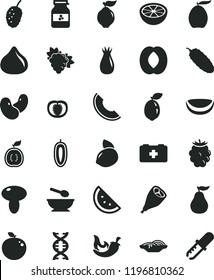 solid black flat icon set bag of a paramedic vector, deep plate with spoon, slices onion, mushroom, grill chicken leg, cucumber, chili, jar jam, orange slice, branch grape, quince, rose hip, fig