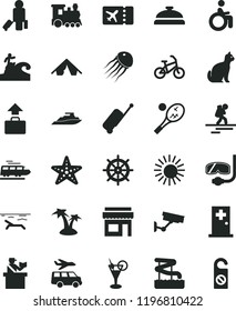solid black flat icon set train vector, bike, backpacker, passenger, passort control, plane ticket, rolling case, baggage, tent, beach, sun, palm tree, cocktail, aquapark, medical room, starfish