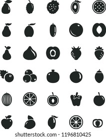 solid black flat icon set peper vector, blueberries, strawberries, pear, orange, half apricot, pomegranate, red apple, raspberry, strawberry, fig, mulberry, melon, mango, of, loquat, peach, cherry