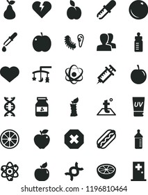 solid black flat icon set heart symbol vector, mark of injury, women, toys over the cradle, feeding bottle, measuring for, temperature, broken, Hot Dog, jar jam, apple, pear, orange, apricot, red