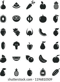 solid black flat icon set blueberries vector, a pineapple, apple, ripe peach, grape, quince, pear, raspberry, half of medlar, slice melon, mango, delicious plum, water, date fruit, tangerine, loquat