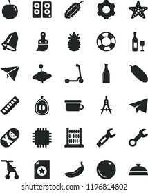 solid black flat icon set paper airplane vector, sitting stroller, tumbler, children's potty, yule, child Kick scooter, abacus, cogwheel, plastic brush, bell, cucumber, orange, half loquat, banana