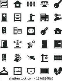 solid black flat icon set dwelling vector, building trolley, window, frame, sink, laying out, power socket type f, key, ntrance door, buildings, city block, ceramic tiles, heating coil, new radiator