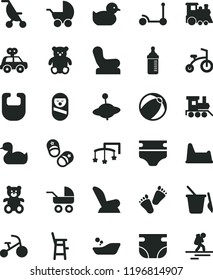 solid black flat icon set toys over the cot vector, measuring bottle for feeding, diaper, nappy, bib, Baby chair, car child seat, stroller, carriage, summer, rubber duck, duckling, bath ball, potty