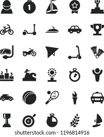 solid black flat icon set bath ball vector, motor vehicle, Kick scooter, child, timer, car, pedestal, racer, retro, stopwatch, flame torch, winner, laurel branch, podium, prize, cup, gold, target