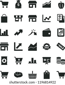 solid black flat icon set paper bag vector, grocery basket, growth up, line chart, graph, negative histogram, cart, crossed, kiosk, piece of meat, Bell pepper, oil, stall, shopping, coins, a crisis