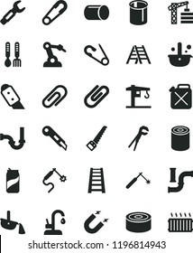 solid black flat icon set clip vector, safety pin, open, iron fork spoons, crane, tower, adjustable wrench, arm saw, stepladder, ladder, sewerage, knife, stationery, kitchen faucet, canned goods