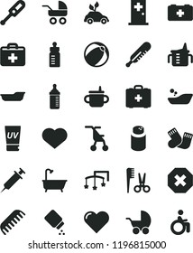solid black flat icon set heart symbol vector, mark of injury, first aid kit, toys over the cot, mug for feeding, measuring cup, bottle, powder, baby, stroller, carriage, sitting, mercury, bath ball