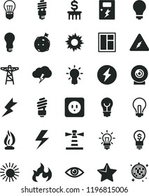 solid black flat icon set lightning vector, matte light bulb, incandescent lamp, window, saving, power socket type b, dangers, star, eye, storm cloud, lens, pole, energy, lighthouse, electricity