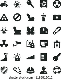 solid black flat icon set prohibition vector, Baby chair, car child seat, safety pin, open, bag of a paramedic, workman, key, construction helmet, strongbox, cardboard box, radiation hazard, nuclear