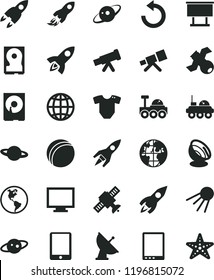 solid black flat icon set monitor vector, counterclockwise, t short, bath ball, earth, artificial satellite, planet, billboard, rocket, space, tablet pc, hdd, telescope, antenna, saturn, lunar rover