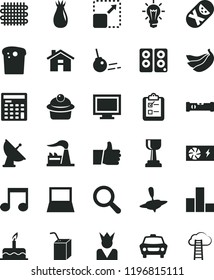 solid black flat icon set house vector, monitor window, magnifier, bar chart, tumbler, packing of juice with a straw, small yule, cake, construction level, core, thumb up, car, survey, Easter, bulb