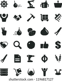 solid black flat icon set cargo trolley vector, scribbled paper, magnifier, dollar, chest of drawers, measuring cup for feeding, big core, drill, hand saw, arm, spatula, hammer with claw, thumb up