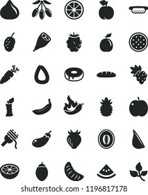solid black flat icon set stick of sausage vector, loaf, mini hot dog, spaghetti, cake with a hole, grill chicken leg, garlic, carrot, peach, apple, grape, strawberry, fig, blackberry, goji berry