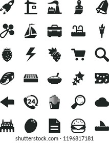 solid black flat icon set lightning vector, left direction, scribbled paper, magnifier, baby rattle, plastic brush, suitcase, brick, bell, 24, piece of cheese, big burger, a bowl rice porridge, pool