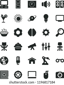 solid black flat icon set bulb vector, interroom door, home, volume, muffin, porridge in a saucepan, cocktail, mercury light, processor, robot welder, planet, black clock, computer, notebook pc, aim