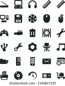 solid black flat icon set computer vector, fan, radiator, mouse, pc power supply, tower, memory, usb, cd, printer, scanner, headphones, folder, trash bin, floppy, lan connector, note, joystick, mail