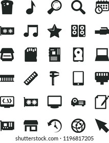 solid black flat icon set magnifier vector, star, notes, Easter cake, calipers, stall, tablet pc, notebook, radiator fan, motherboard, memory, card, gpu, monitor, hdd, scanner, speaker, network, sd