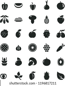 solid black flat icon set onion vector, mushroom, porcini, carrot, strawberries, a pineapple, mint, ripe peach, large grape, red apple, blackberry, tasty cornels, goji berry, delicious plum, tomato