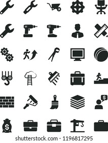 solid black flat icon set repair key vector, monitor window, briefcase, bath ball, crane, brickwork, winch hook, building trolley, adjustable wrench, cordless drill, paint roller, wooden brush, case