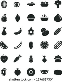 solid black flat icon set Hot Dog vector, slices of onion, cake, muffin, porridge, lettuce in a plate, beet, carrot, pineapple, pear, orange slice, half apricot, tasty apple, fig, medlar, mulberry