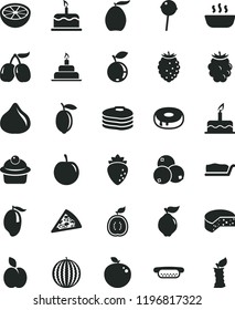 solid black flat icon set cake vector, birthday, cheese, piece of pizza, mini hot dog, muffin, slice, with a hole, porridge, Chupa Chups, apple, pancakes, quince, raspberry, fig, blackberry, tasty