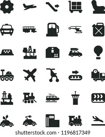 solid black flat icon set truck lorry vector, cargo trolley, Baby chair, sitting stroller, toy train, car, delivery, cardboard box, sea port, commercial seaport, gas station, modern, conveyor, plane