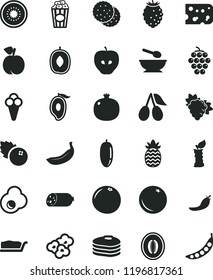 solid black flat icon set deep plate with a spoon vector, sausage, piece of cheese, cake slice, popcorn, cup, cone, fried egg, blueberries, biscuit, pancakes, orange, peach, pomegranate, large, kiwi