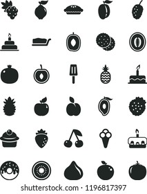 solid black flat icon set cake vector, birthday, muffin, slice, torte, glazed with a hole, pie, popsicle, cone, strawberries, pineapple, apple, biscuit, cherry, pomegranate, grape, quince, apricot