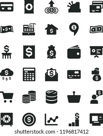 solid black flat icon set graph vector, strongbox, cards, coins, oil, shopping cart, basket, reverse side of a bank card, front the, column, financial item, wallet, dollar, engineer calculator, rain