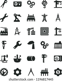 solid black flat icon set repair key vector, crane, tower, hook, cogwheel, adjustable wrench, gear, working oil derrick, manufacture, hydroelectricity, power line, industrial building, factory, pipe